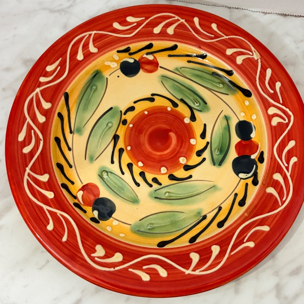 Pier 1 Imports Olive Salad‎ Plate Hand Painted Spain Red Yellow Ceramic 9 Inch